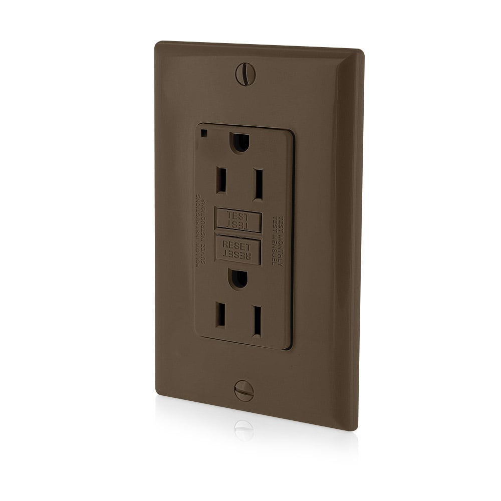 GFNT1 SmartlockPro Slim Feed Through Monochromatic Non-Tamper Resistant Self-Test Standard Duplex GFCI Receptacle With LED Indicator, 125 V AC, 15 A, 2 Poles, 3 Wires, Brown