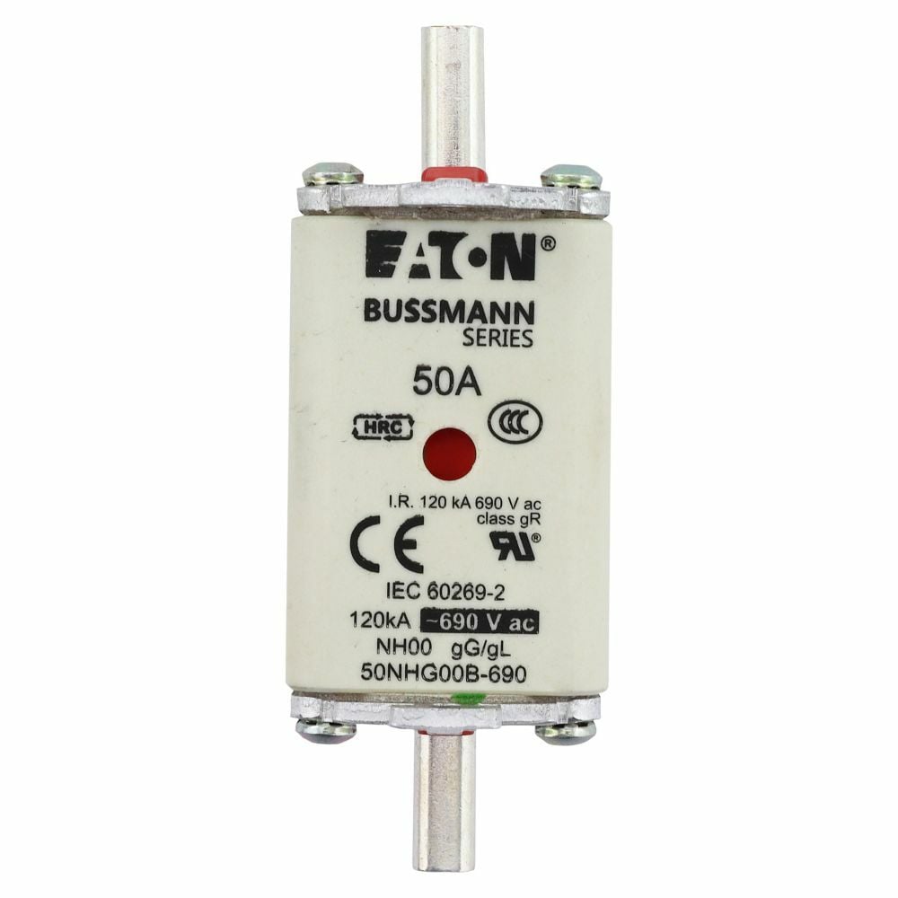 50NHG00B-690 Size 00 Dual Indicator Low Voltage NH Fuse Link, 690 V, 50 A, For Use With NH Series Photovoltaic Fuse, Class C gG/gL Fuse, Ceramic