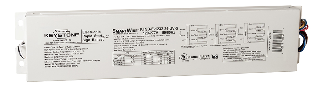 KTSB-E-1232-24-UV-S-IP Parallel Wiring Electronic Sign Ballast, T8HO/T12HO Lamp, 120 to 277 V, Programmed Rapid Start