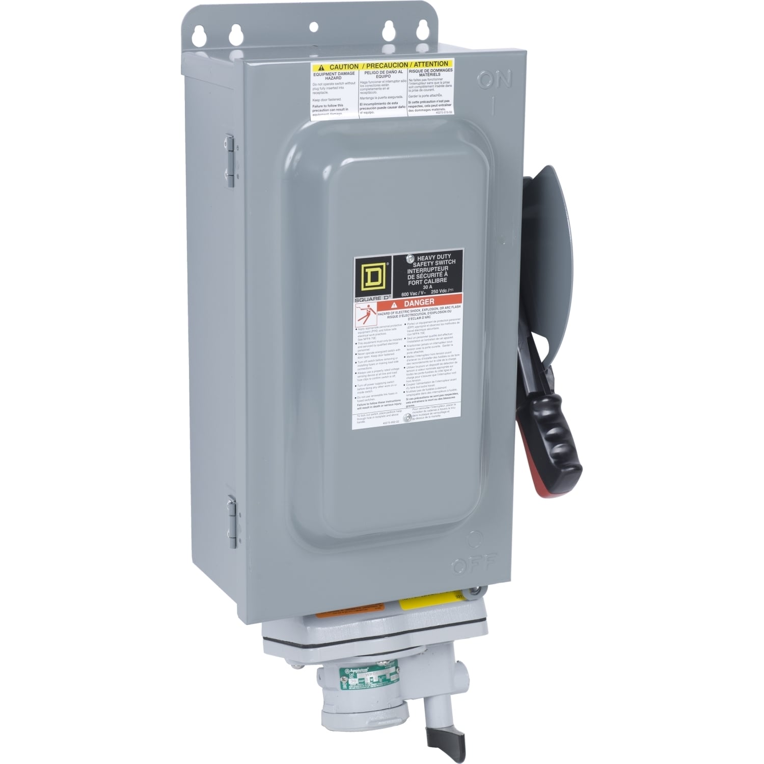 Safety switch, heavy duty, non fusible, 30A, 600VAC, 600VDC, 3 poles, 20hp, NEMA 12K, Appleton Powertite receptacle
