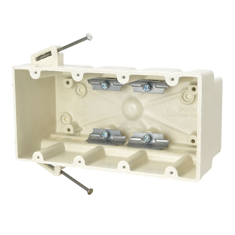 4-Gang Switch/Outlet Box; Angled Nails, 3 Inch Depth, Thermoset-Fiberglass Reinforced Polyester, 60 Cubic-Inch, Beige/Tan