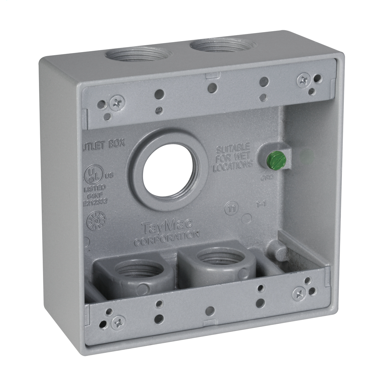 DB575S Weatherproof Outlet Box, Die Cast Metal, 2 Gangs, 5 Outlets, 4-1/2 in L x 4-1/2 in W x 2 in D