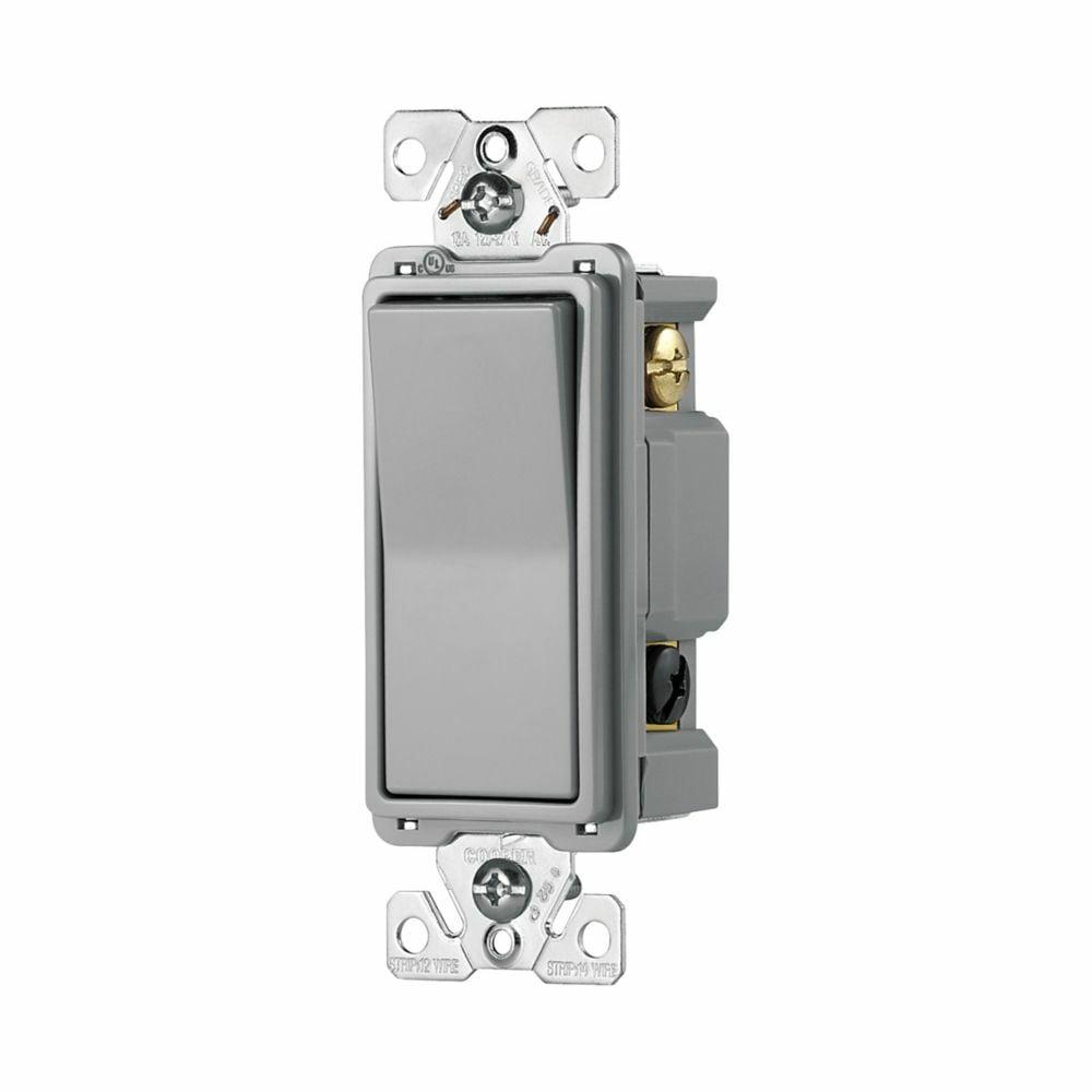 Eaton commercial grade decorator switch, Box, #14-10 AWG, 15A, Flush, 120/277V, Back/push, Antimicrobial paddle, Maintained, Gray, Motor Control, Fan, LED, Incand, ELV,MLV,CFL, Florscnt, Halogen, Three-way, Thermoplastic 647116