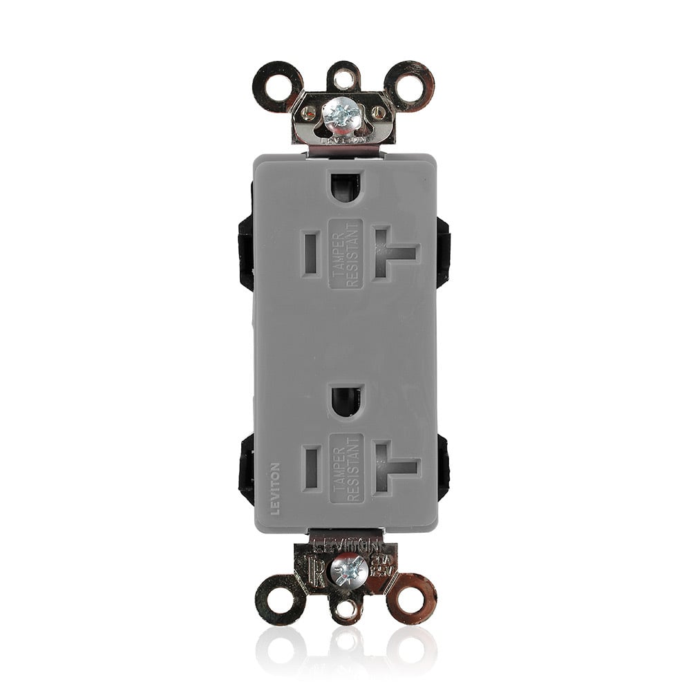 MT163-GY Lev-Lok Duplex Self-Grounding Tamper Resistant Straight Blade Receptacle, 125 V AC, 20 A, 2 Poles, 3 Wires, Gray
