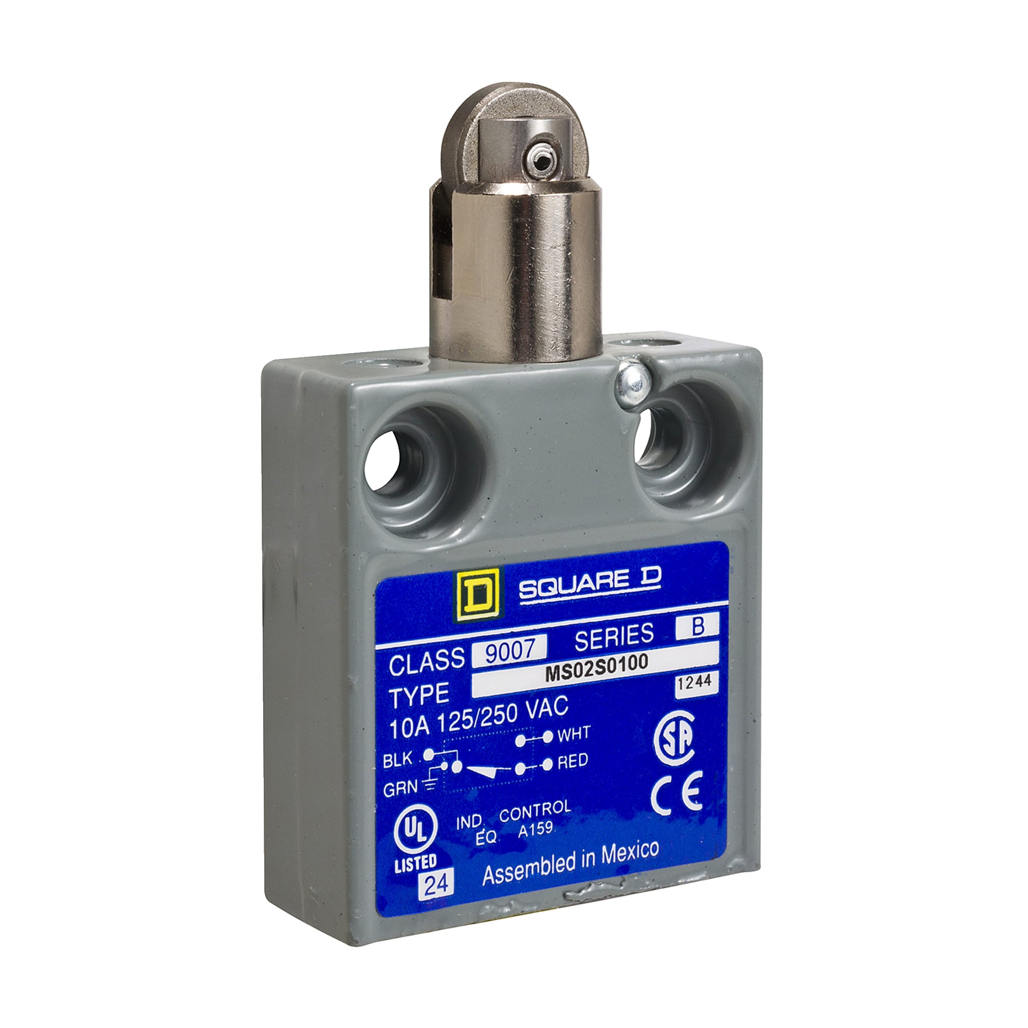 9007MS02S0202 Miniature Potted Fixed Limit Switch, 240 VAC, 10 A, Roller Plunger Actuator, 1NO-1NC Contact, 1 Poles