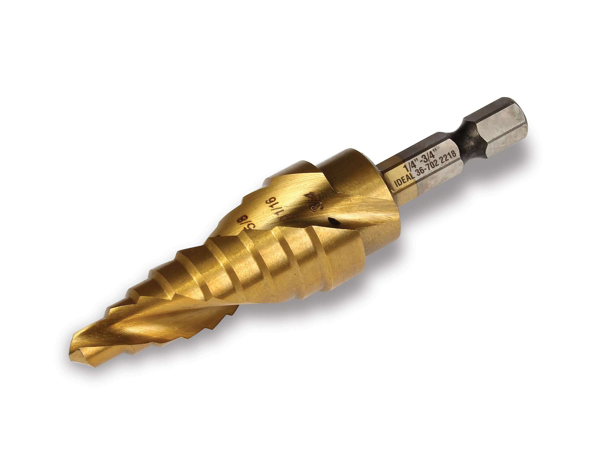 36-702 Step Drill Bit, 1/4 in Dia Min Hole, 3/4 in Dia Max Hole, 9 Steps, M35 HSS/Cobalt, 1/4 in Shank