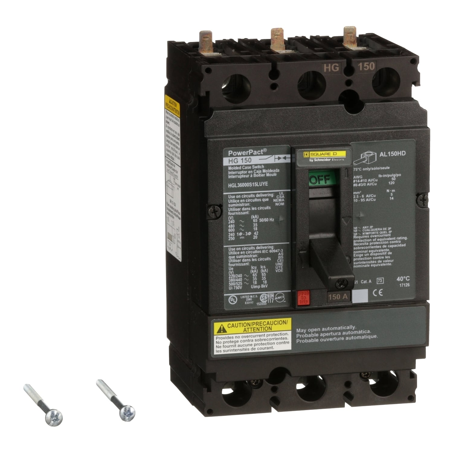 HGL36000S15LUYE I-Line PowerPact Automatic Molded Case Switch, 600 V AC, 150 A, 65 kA at 240 V AC/35 kA at 480 V AC/18 kA at 600 V AC/20 kA at 250/500 VDC Interrupt, 3 Poles, Thermal Magnetic Trip