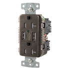 USB Charger Duplex Receptacle, 20A 125V,2-Pole 3-Wire Grounding, 5-20R, 2) 5A USB Ports, Brown