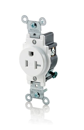 T5020-W Single Receptacle Outlet, Commercial Specification Grade, Tamper-Resistant, 20 Amp, 125V, NEMA 5-20R, 2 Pole, 3 Wire, White