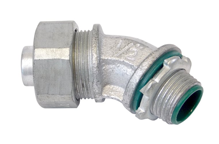 LT7545-ICKON Liquid Tight Connector With Insulated Throat, 3/4 in Trade, 45 deg, Malleable Iron, Zinc Plated