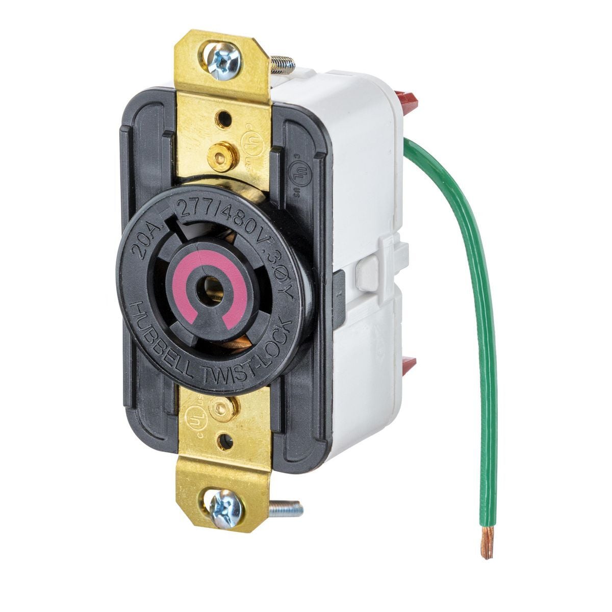 HBL2520ST 3-Phase Single Flush Locking Receptacle With Spring Termination, 277/480 V AC, 20 A, 4 Poles, 5 Wires, Black