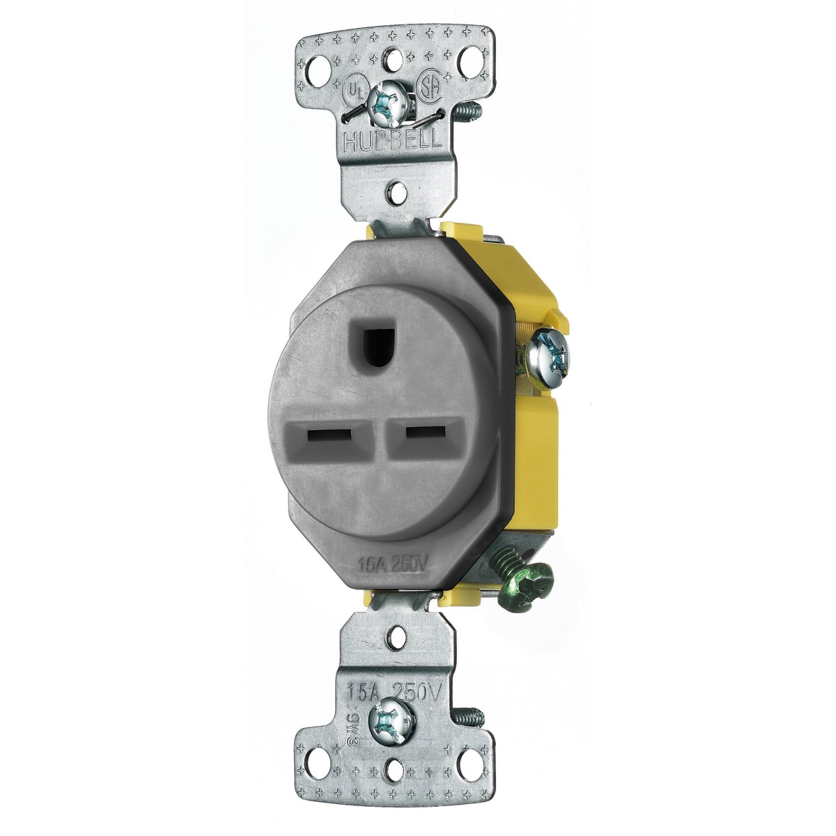 RR155GY 1-Phase Single Self-Grounding Standard Straight Blade Receptacle, 250 VAC, 15 A, 2 Poles, 3 Wires, Gray