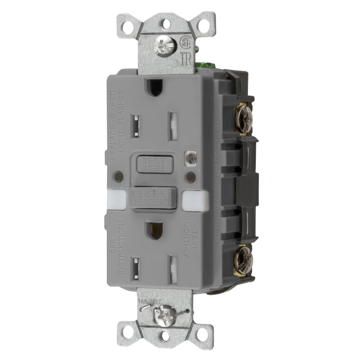 GFTRST15GYNL Decorator Duplex Straight Blade Self-Test Tamper Resistant GFCI Receptacle With Two LED Nightlight, 125 V AC, 15 A, 2 Poles, 3 Wires, Gray