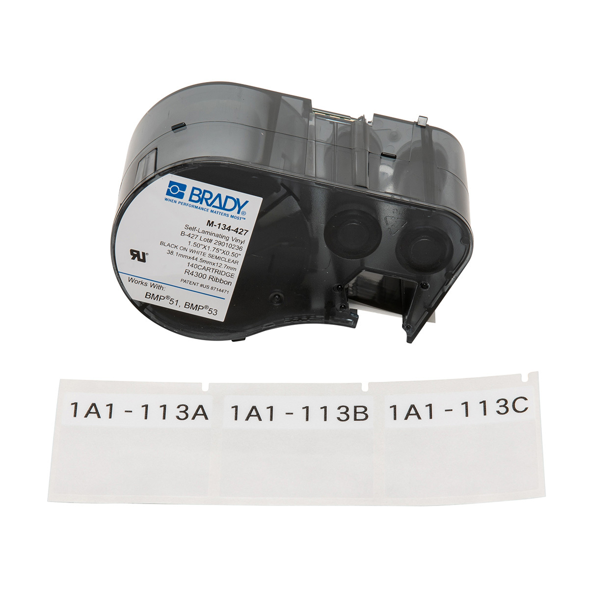 M-134-427 M Series Rectangular Self-Laminated Printer Label, 1-1/2 in L x 1-3/4 in W, For Use With BMP 51 and BMP 53 Label Maker, B-427 Vinyl, Black on Clear/White