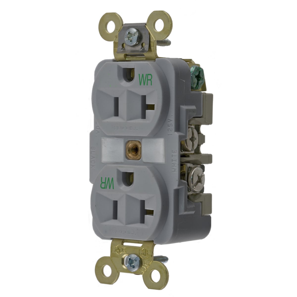 HBL5362GYWR 1-Phase Grounding Extra Heavy Duty Screw Mount Weather Resistant Straight Blade Duplex Receptacle, 125 V AC, 20 A, 2 Poles, 3 Wires, Gray