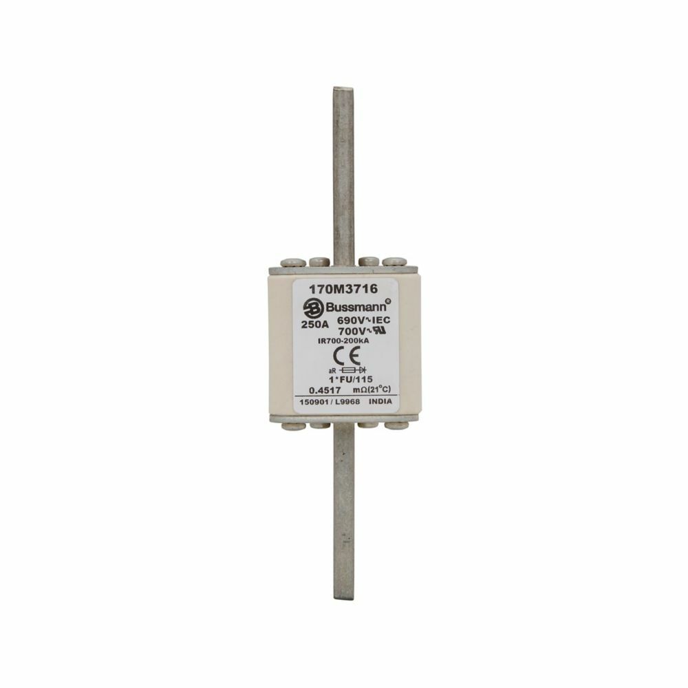 170M3716 Square Body Type FU/115 US Style High Speed Fuse, 250 A, 690 V, 200 kA Interrupt, Class: aR, Square Body