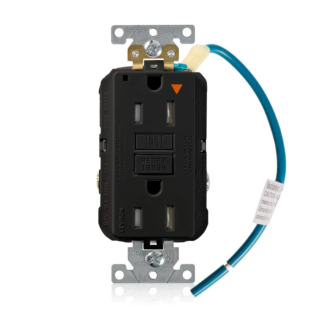 GFTR1-IGE Isolated Ground Self-Test Tamper Resistant GFCI Receptacle With Black Test, Reset Button, 125 V AC, 15 A, 2 Poles, 3 Wires, Black