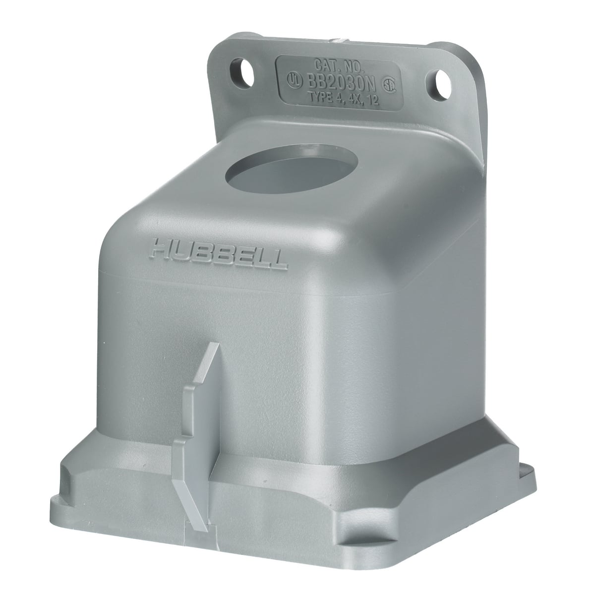 BB2030N 1-Outlet, 15 deg Angled Molded Pin and Sleeve Back Box With 1 in NPT Knockout, 3.91 in H x 4.44 in W x 5.67 in D, For Use With Watertight Safety Shroud Receptacles, IEC 309 Pin and Sleeve Devices, NEMA 4X Inlet, Thermoplastic