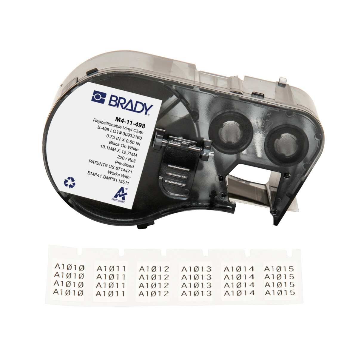 M4-11-498 Repositionable Wire and Component Label, 19.05 mm W, Black on White, B-498 Vinyl Cloth