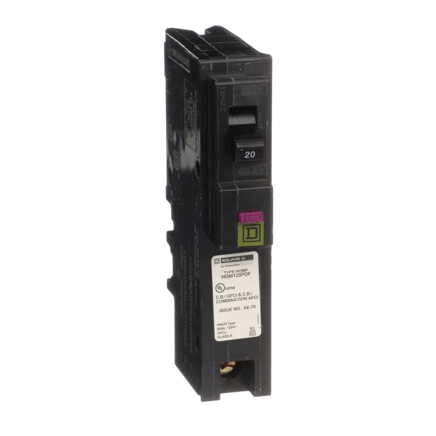 HOM120PDFC Homeline Miniature Circuit Breaker, 20 Amp, 1 Pole, 120V