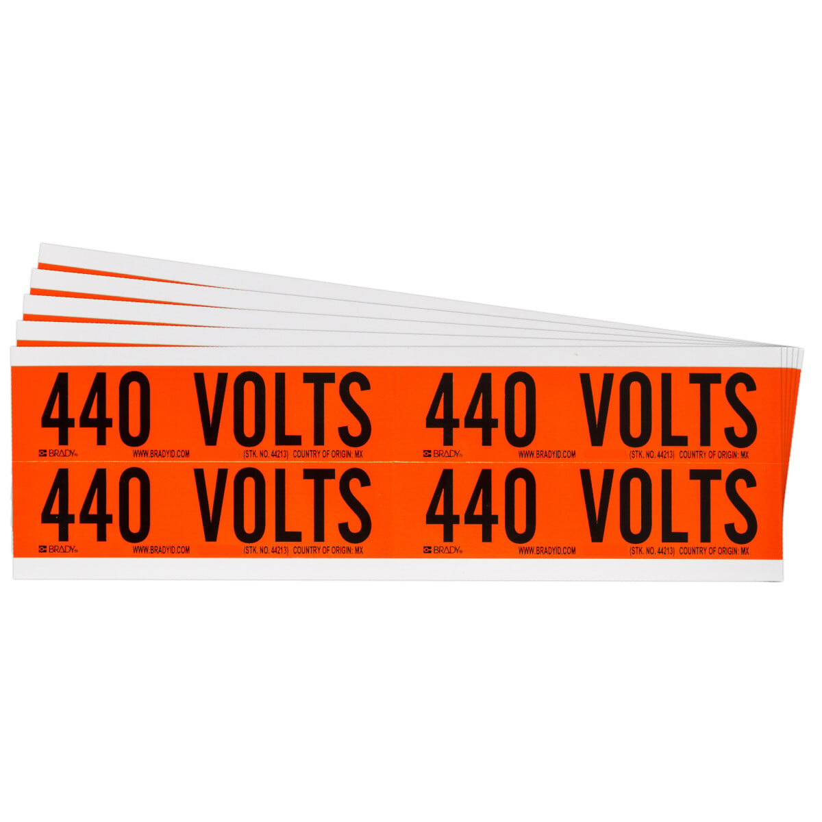 152369 CleanLift Repositionable Rectangle Self-Adhesive Style B Conduit and Voltage Label, 4-1/8 in W, 440 VOLTS Legend, Black Legend, Orange Background, B-498 Vinyl Cloth