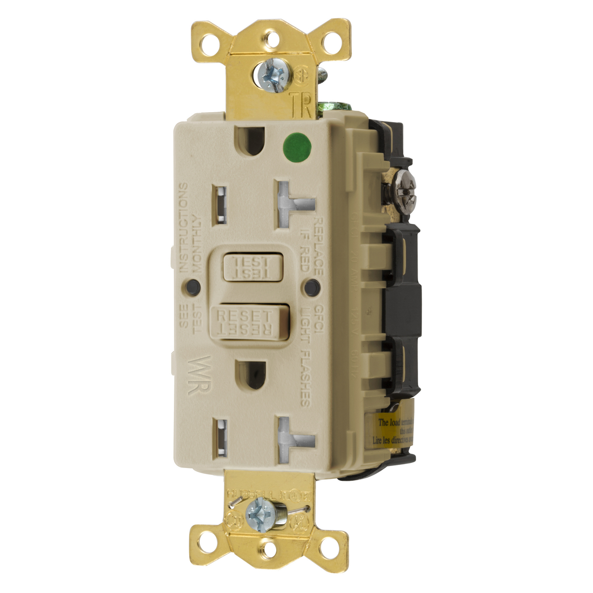 GFTWRST83I 1-Phase Decorator Duplex Heavy Duty Standard Straight Blade Self-Test Tamper/Weather-Resistant Screw Mount GFCI Receptacle, 125 VAC, 20 A, 2 Poles, 3 Wires, Ivory