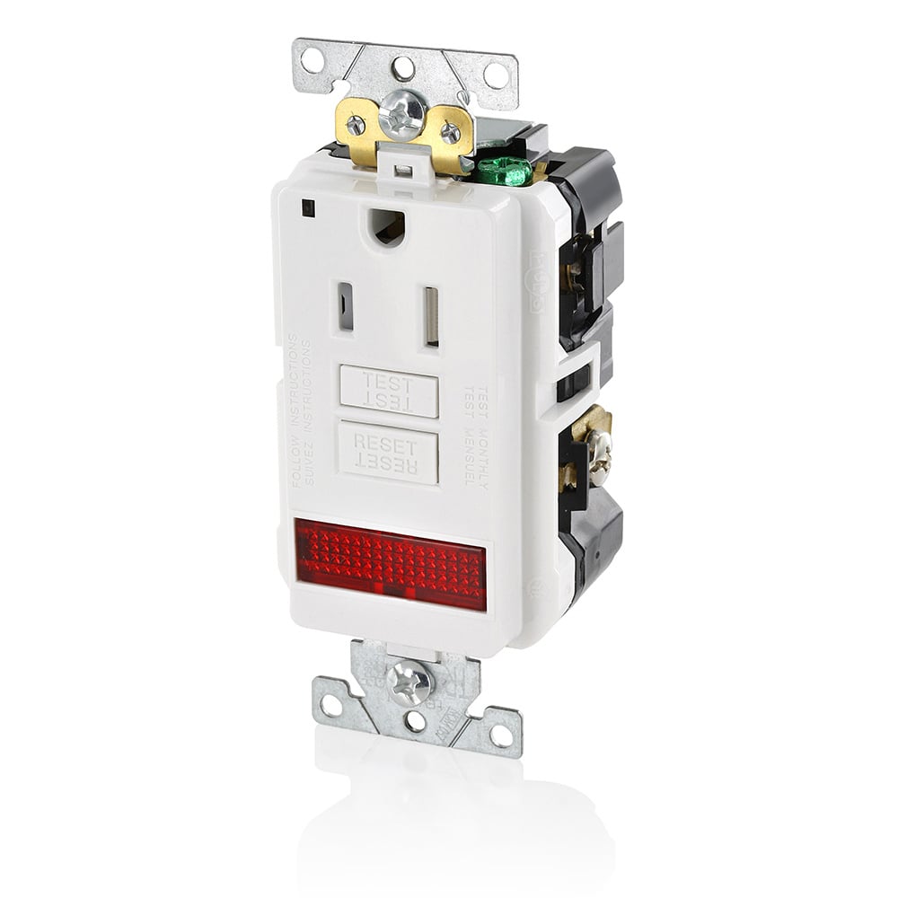GFPL1-PLW SmartlockPro Slim Feed Through Self-Test Single Tamper Resistant GFCI Receptacle With LED Pilot Light, 125 V AC, 15 A, 2 Poles, 3 Wires, White