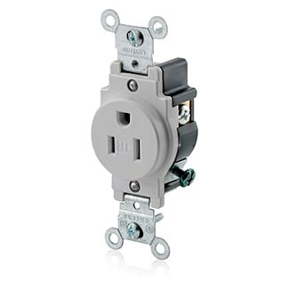 T5015-GY 1-Phase Grounding Single Tamper Resistant Straight Blade Receptacle, 125 V AC, 15 A, 2 Poles, 3 Wires, Gray