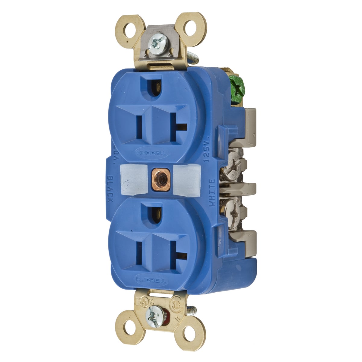 HBL5362BL 1-Phase Grounding Extra Heavy Duty Screw Mount Straight Blade Duplex Receptacle, 125 V AC, 20 A, 2 Poles, 3 Wires, Blue
