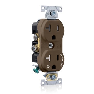 TBR20-S1 Duplex Self-Grounding Tamper Resistant Straight Blade Receptacle With 1 Plug Controlled Markings, 125 V AC, 20 A, 2 Poles, 3 Wires, Brown