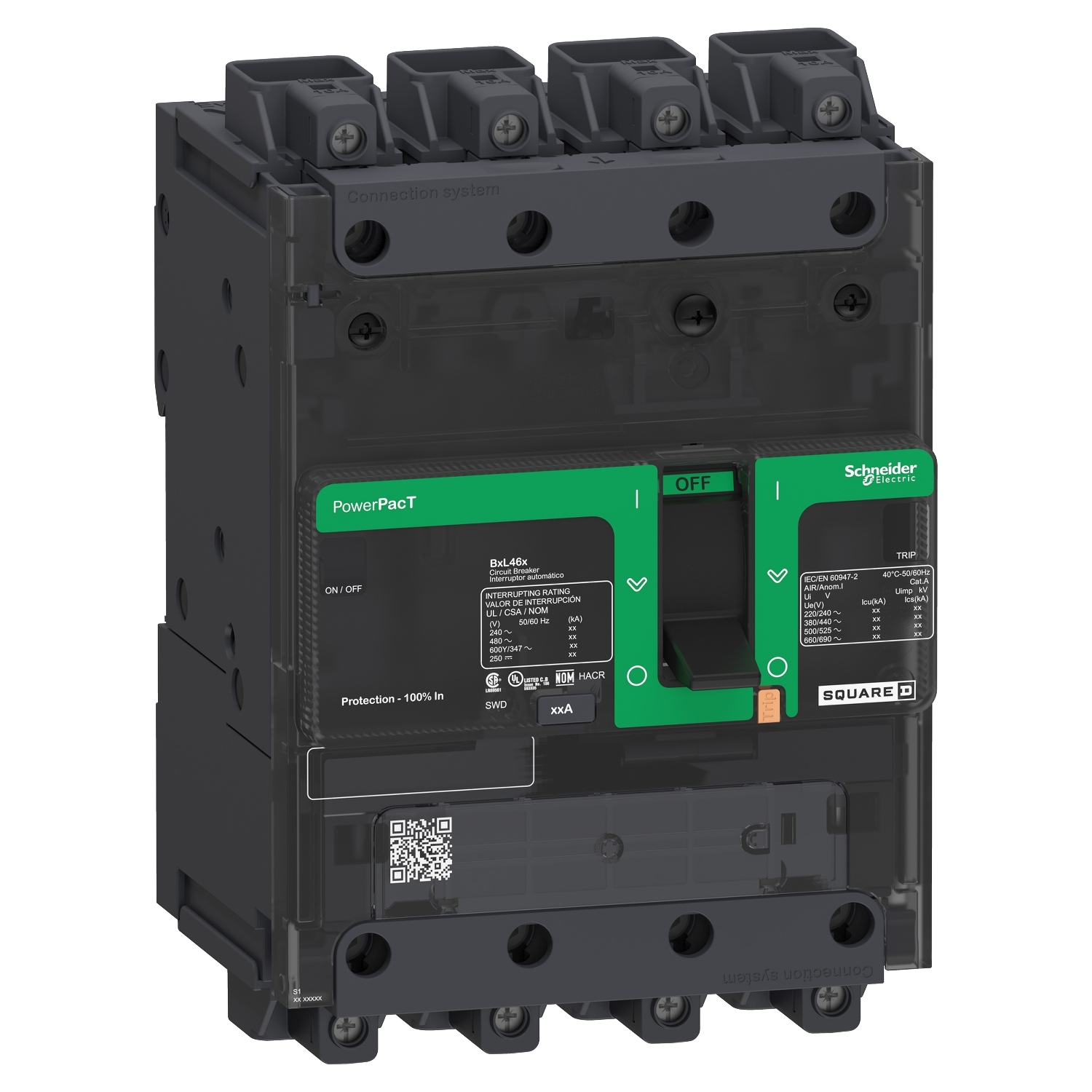 BGL46100LU PowerPact Type BGL Molded Case Circuit Breaker, 600Y/347 V AC, 100 A, 18 kA Interrupt, 4 Poles, Electronic Trip