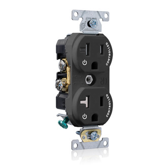 TBR20-S2E Duplex Self-Grounding Tamper Resistant Straight Blade Receptacle With 2 Plug Controlled Marking, 125 V AC, 20 A, 2 Poles, 3 Wires, Black