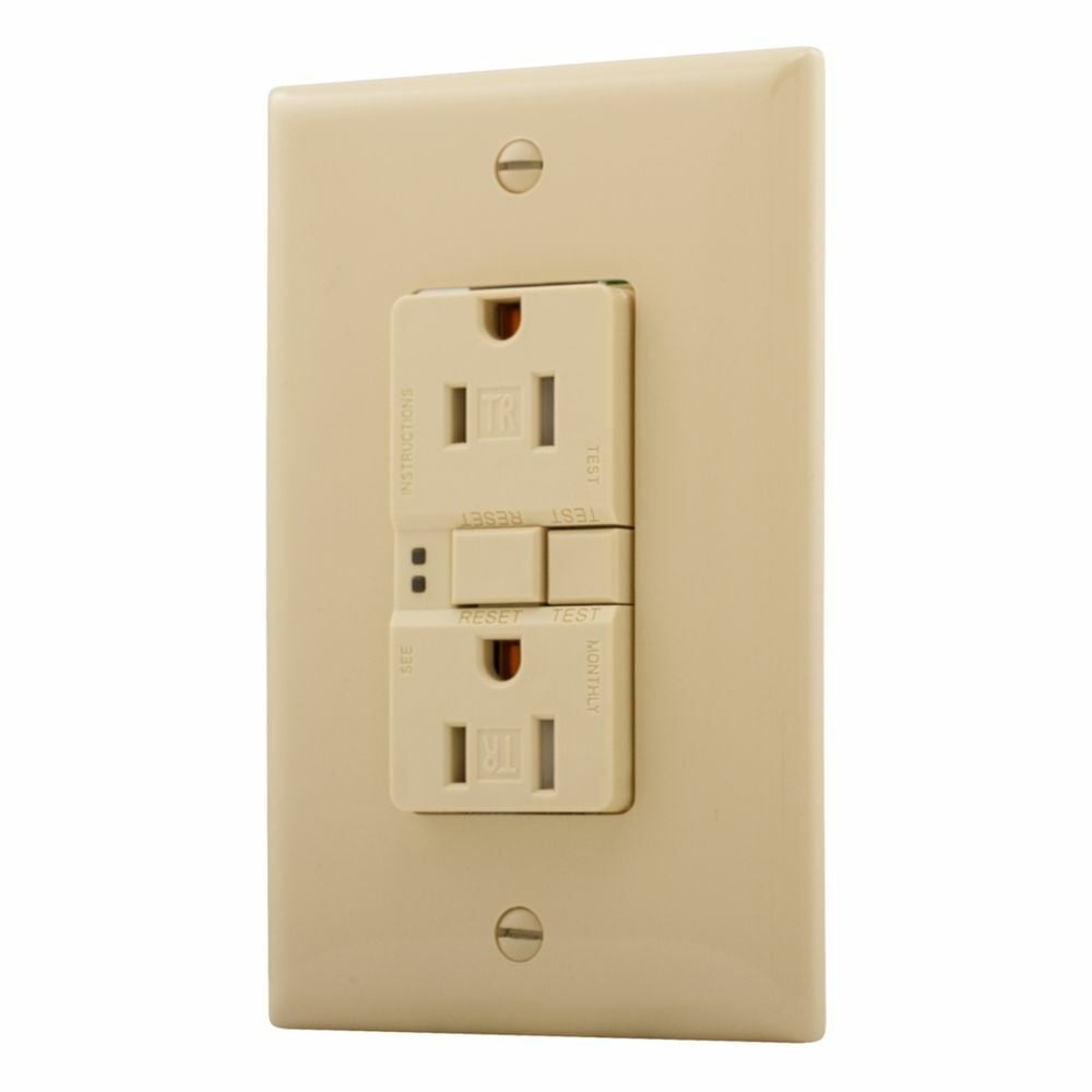 Eaton GFCI receptacle,Tamper resistant,Mid-size wallplate,Self-test,#14 - 10 AWG,15A,Residential,Commercial,Flush,125 V,Back and side wire,Ivory,Brass,Tamper resistant,Polycarbonate,5-15R,Two-pole,Three-wire,Two-pole, three-wire, grounding