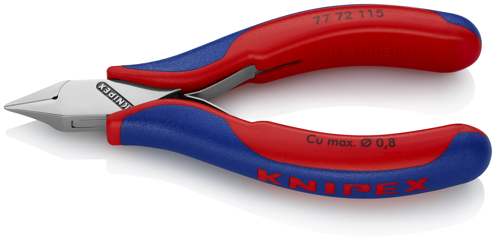 Electronics Diagonal Cutters, 4 1/2 in., Multi-component, Polished, Semi-flush with Small Bevel Cut, Tapered Head, Up to 1/32 in. Soft Wire