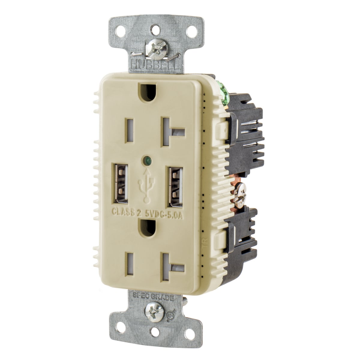 USB20A5I Duplex Grounding Tamper-Resistant Standard USB Charger Receptacle With Green LED, 125 V AC, 20 A, 2500 W, 1 Phase, 2 Poles, 3 Wires, Ivory