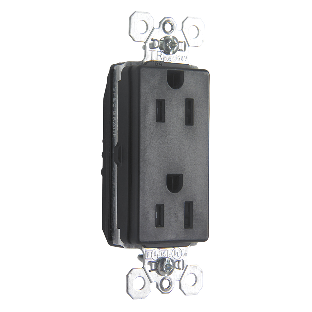 PTTR26262BK PlugTail 15 Amp 125V Spec-Grade Decorator Duplex Receptacle, Black