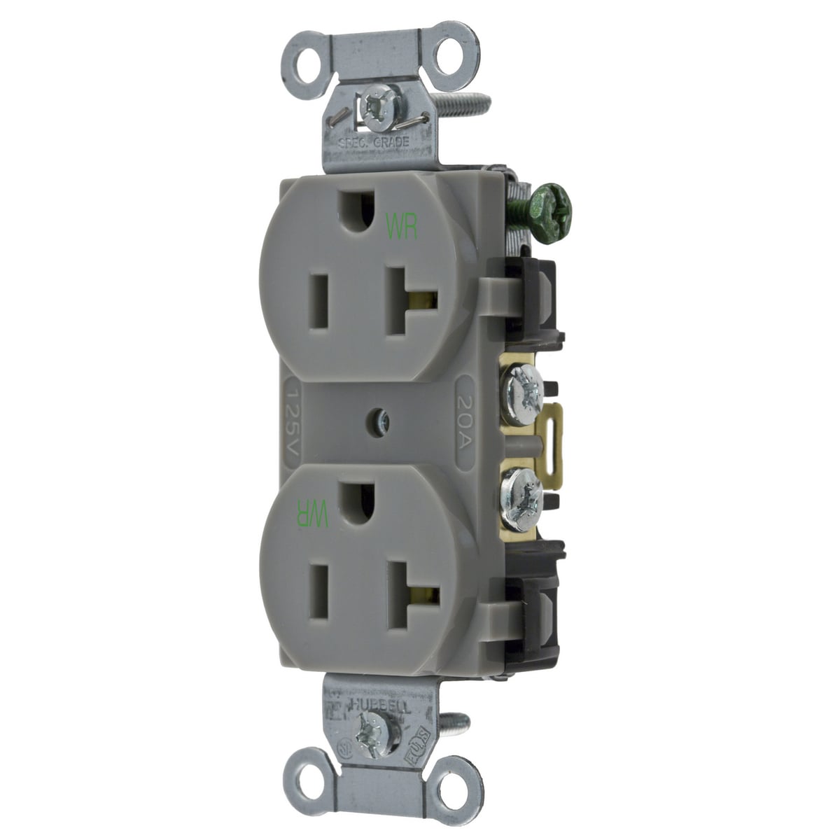 BR20GRYWR 1-Phase Duplex Self-Grounding Standard Traditional Weather Resistant Screw Mount Straight Blade Receptacle, 125 V AC, 20 A, 2 Poles, 3 Wires, Gray