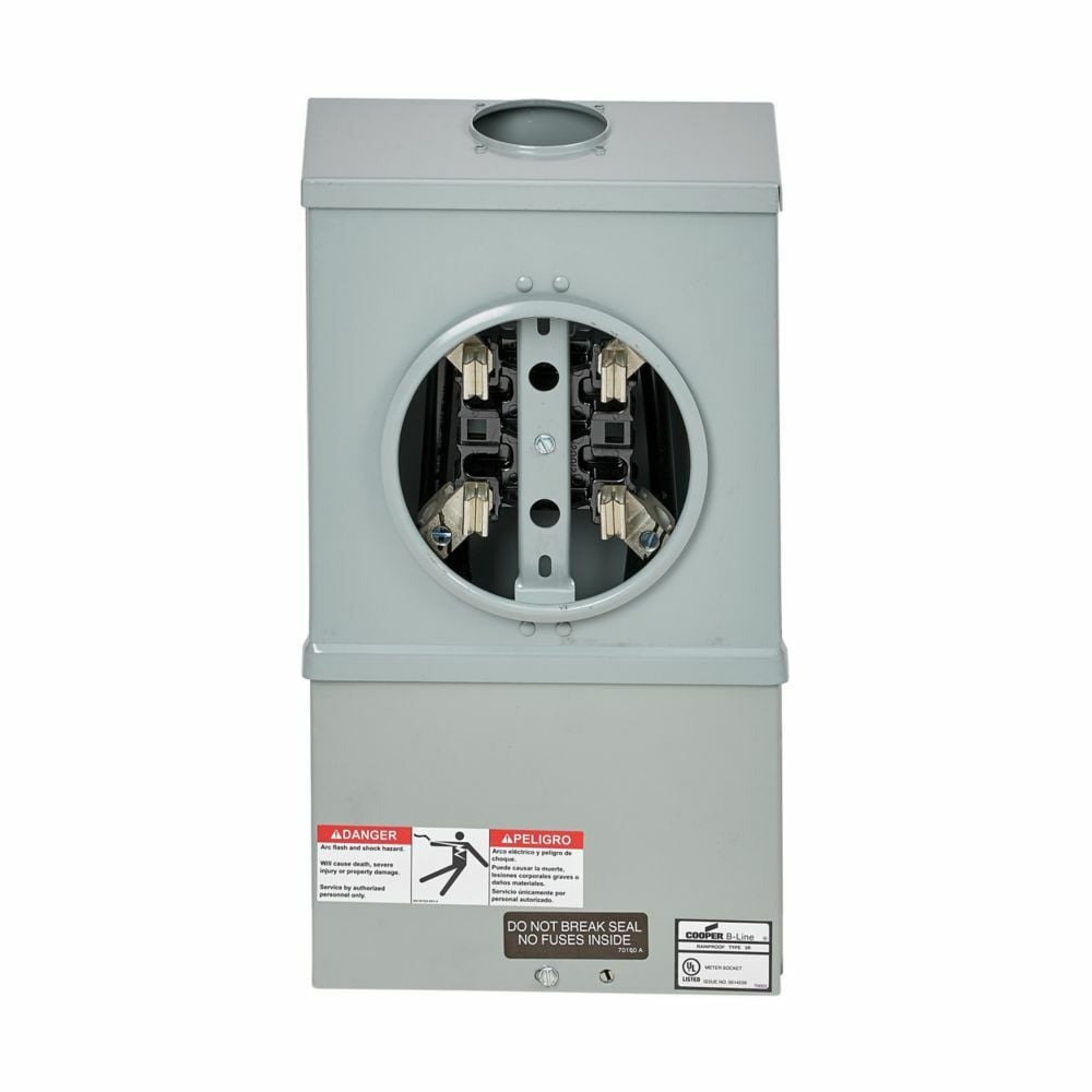 U121314 Single Meter Socket, AW Hub Top Provision, 100 Amp, Both, 4 Jaw, Ringed, 3, Steel, ANSI 61 Paint, Side, 1 Pole, 3 Wire, #14-2/0 Line Lug Size, #14-2/0 Load Lug Size, Manual Circuit Closing