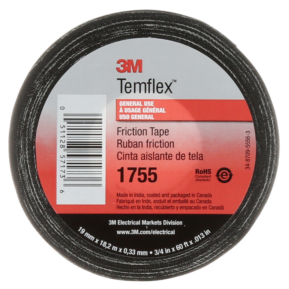 7000058870 Temflex 1755 Heavy Duty Tape, 60 ft L 0.75 in W, 13 mil THK, Cotton, Rubber Adhesive, Black
