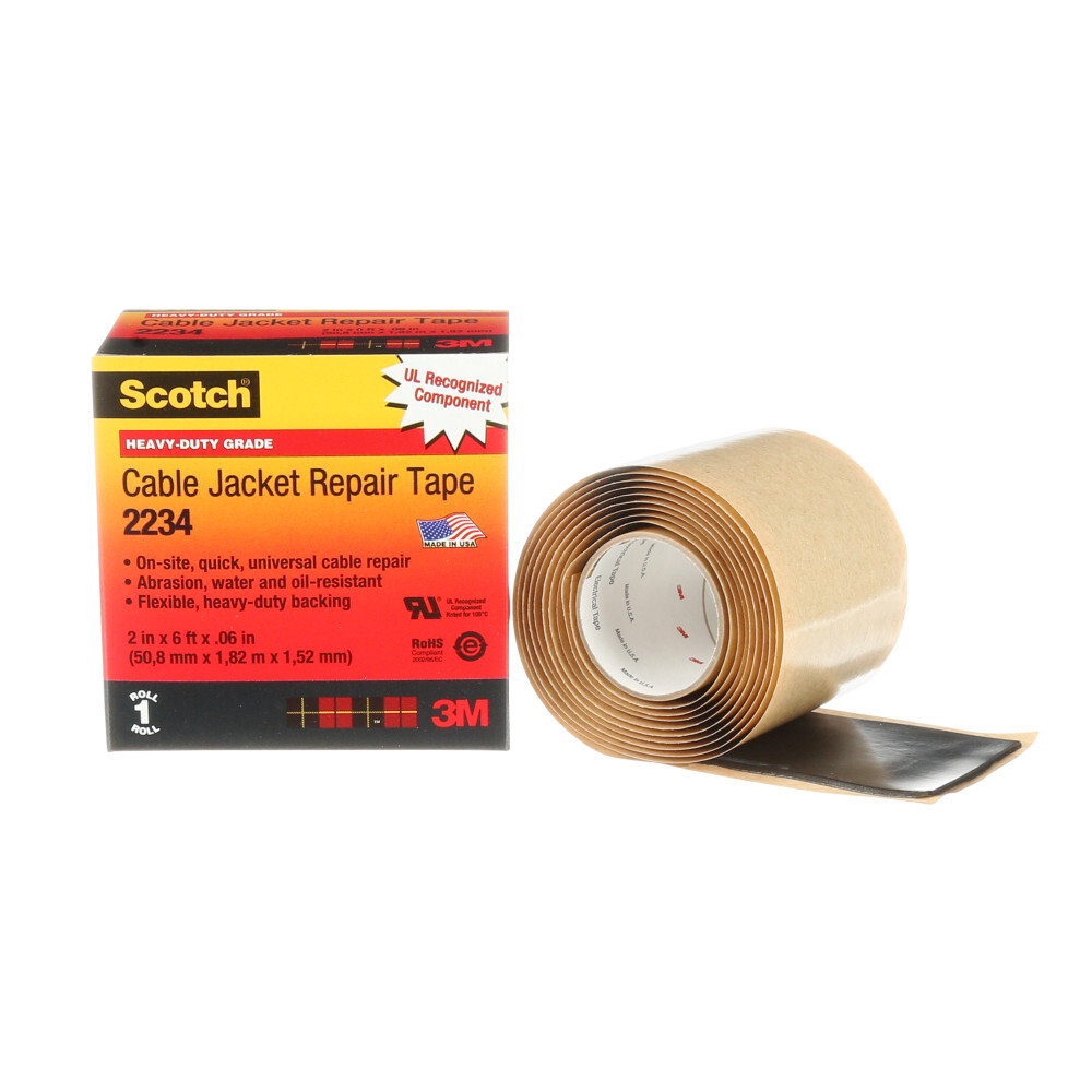 7000006227 Scotch 2234 Cable Jacket Tape, 2 yd L 2 in W, 6 mil THK, Rubber, Black