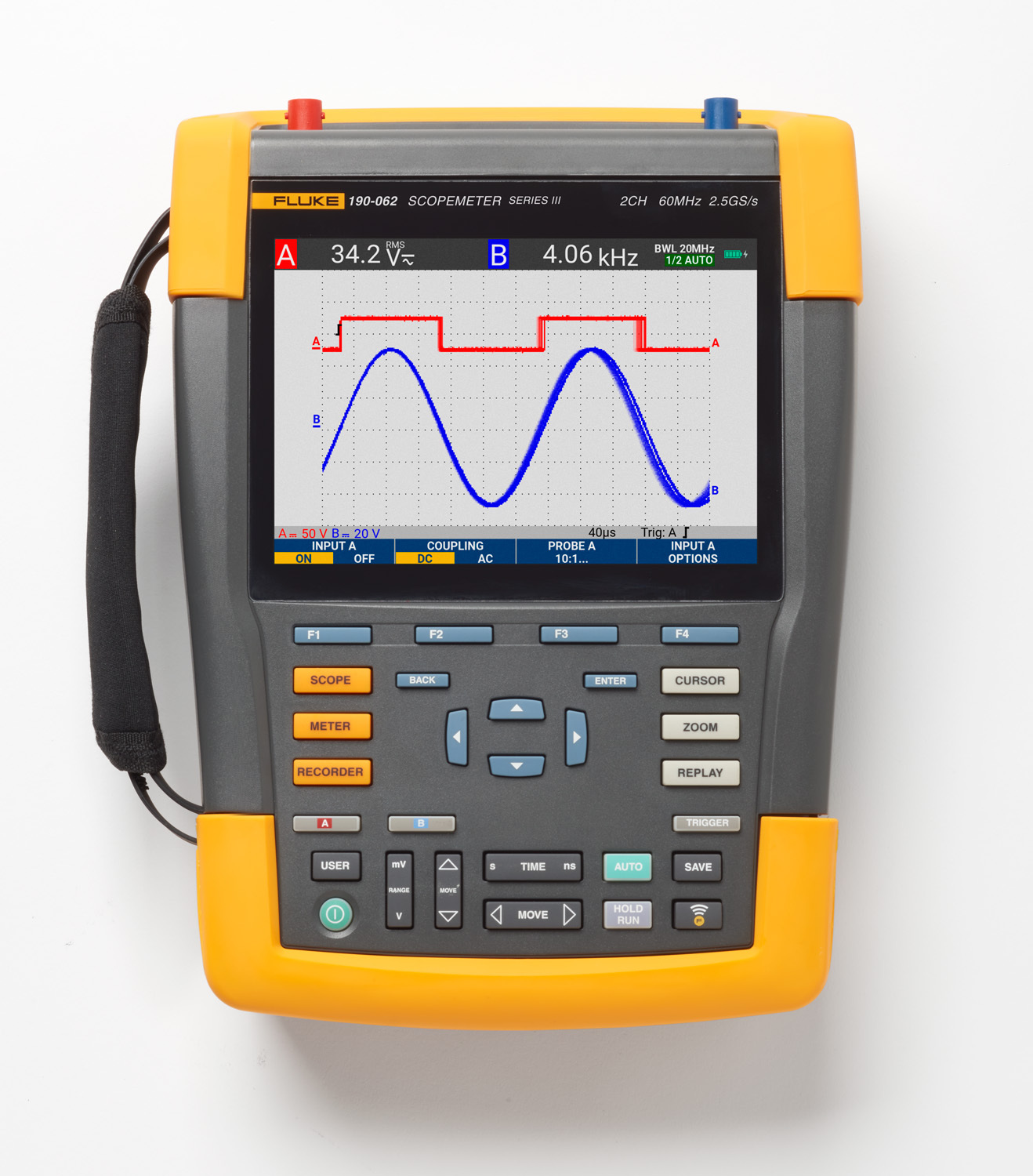 FLUKE-190-062-III 190 Scopemeter Hand Held Oscilloscope, 60 MHz Bandwidth, LCD Display, 625 MS/s