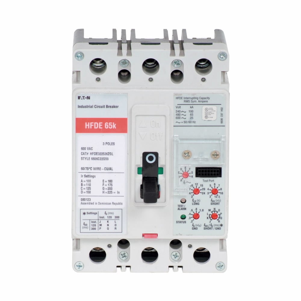HFDE322536 C Series Type HFDE Molded Case Circuit Breaker, 600 V AC, 225 A, 65/100 kA Interrupt, 3 Poles, Electronic Trip