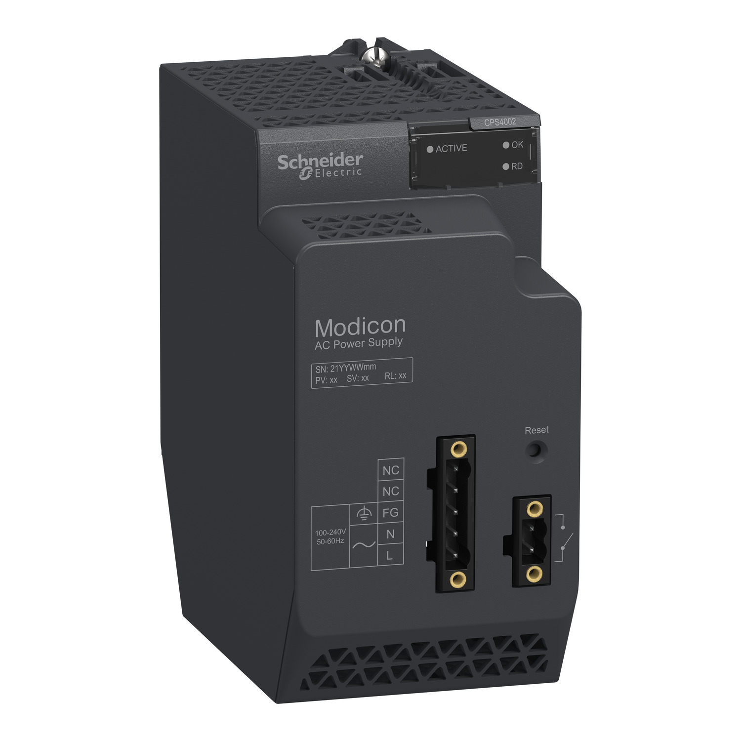 BMXCPS4002 Modicon X80 Redundant Power Supply Module, 100 to 240 V AC Input, 3.3 to 24 VDC Output, 0.52/1.04 A Input, 1.67/5.5 Output, 18 to 40 W