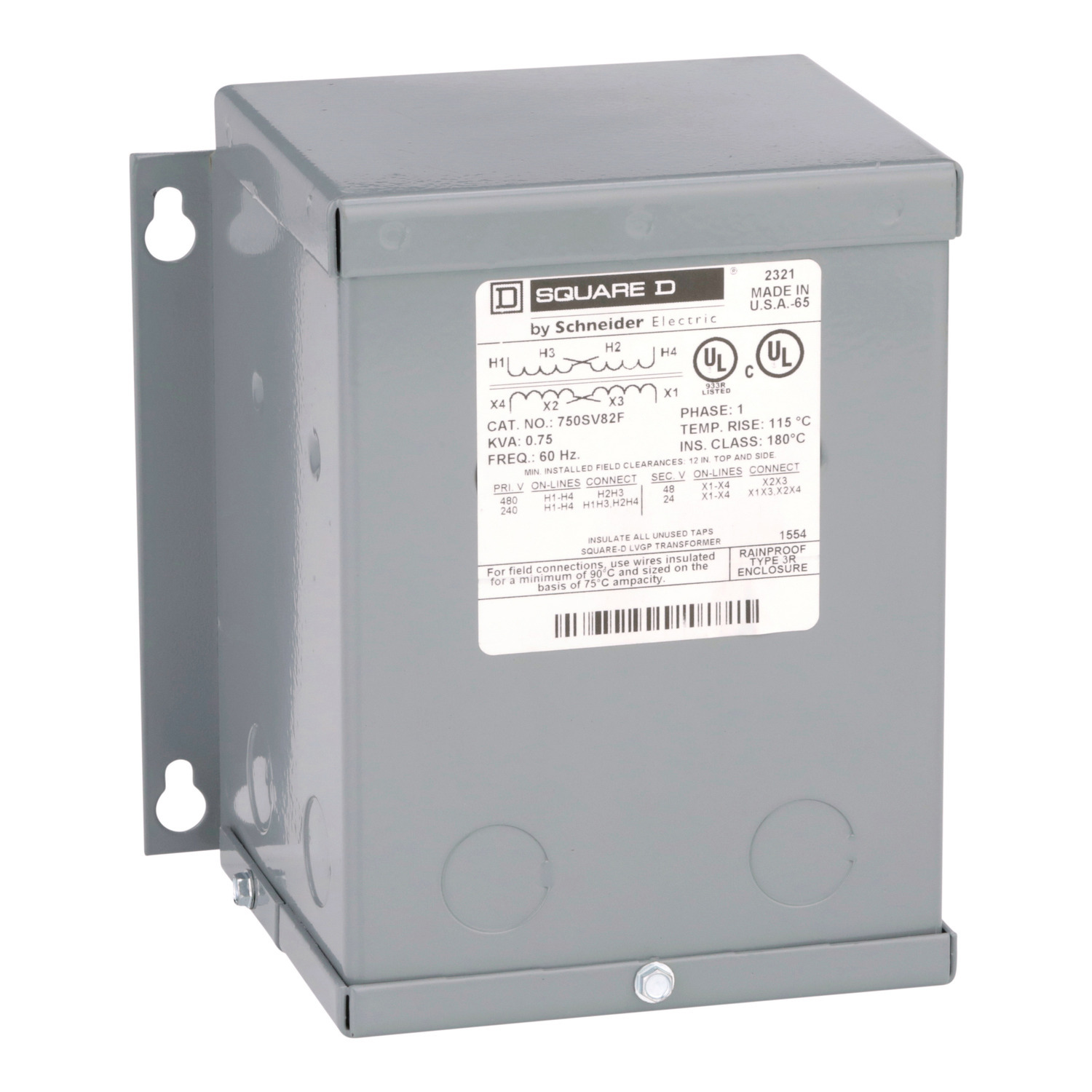750SV82F Dry Sealed Buck and Boost Transformer, 240/480 V AC Primary, 24/48 VAC Secondary, 0.75 kVA, 60 Hz, 1 Phase