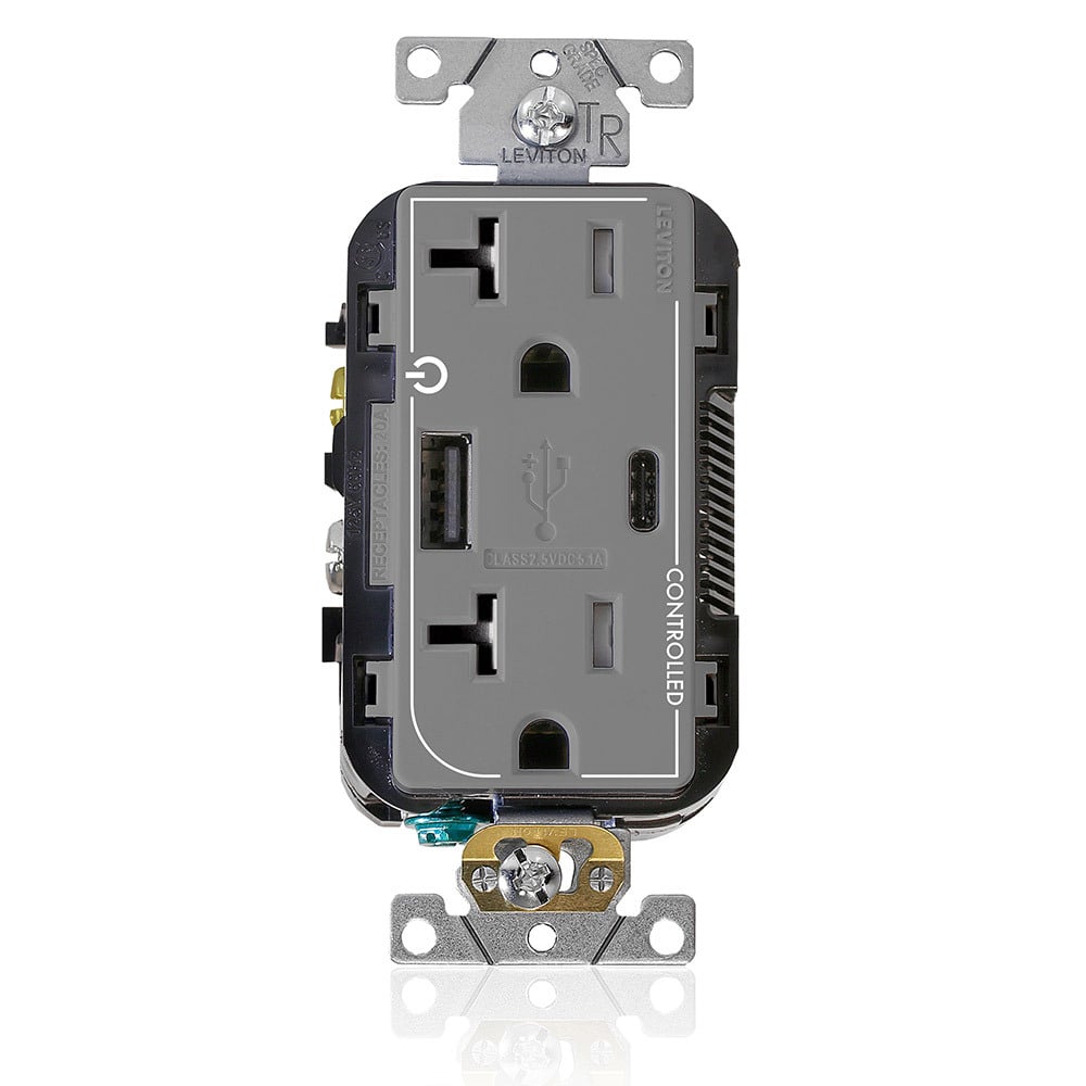 T5833-2GY Controlled Combination Duplex Dual Marked Grounding Tamper-Resistant USB Receptacle, 125 V AC, 20 A, 1/2 hp, 2 Poles, 3 Wires, Gray