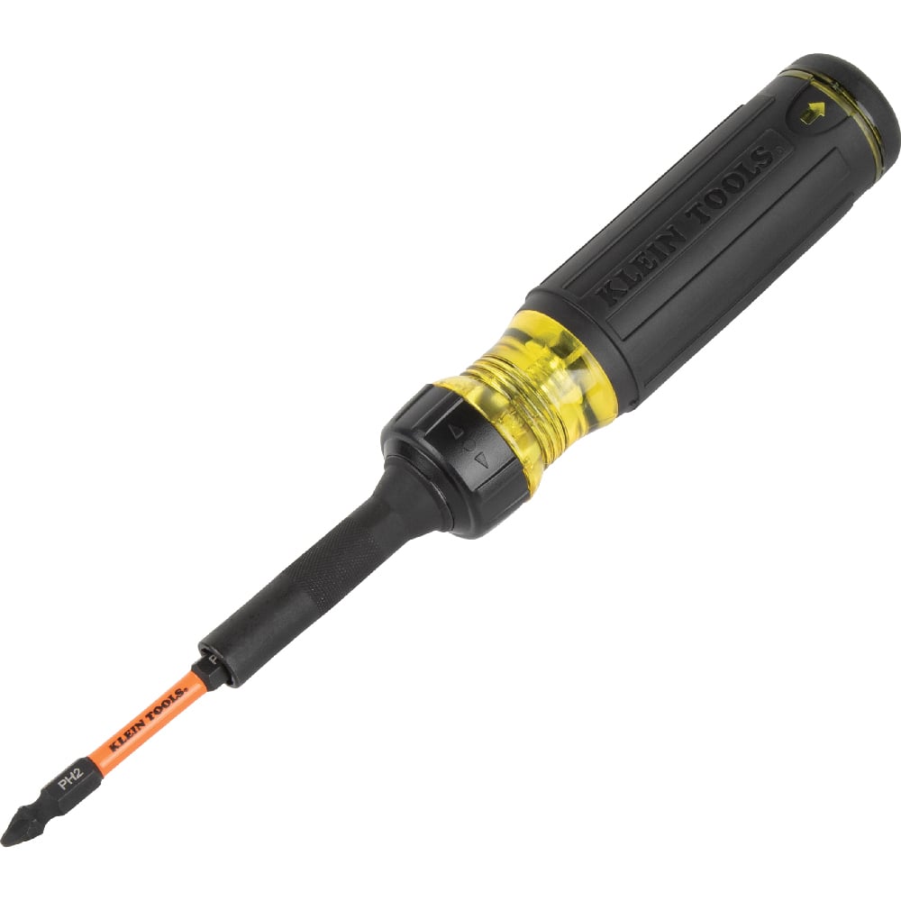 The Klein Tools 13-in-1 Ratcheting Impact Rated Screwdriver conveniently stores six double-ended pro-flex bits onboard. Ratcheting feature has three settings, forward, fixed and reverse for easier driving. This screwdriver features industrial-strength bits as well as Cushion-Grip handle for outstanding comfort and control.