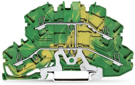 Ground/earthing terminal block with 2-decks/levels (double-deck) + internal commoning - Suitable for Ex e II applications - with "PE" marking - Wago (2002 TOPJOB S series) - Green-Yellow - 1 grounding / protective-earth (1PE) / 2 x 2-wires (2 push-in + 2 push-in) (2+2) - 2.5mm2 nominal cross-section - for 0.25mm2...4mm2 / for #22AWG...#12AWG - with Push-in CAGE CLAMP spring connections - DIN-35 rail (35 x 15 / 35 x 7.5) mounting (5.2mm width)