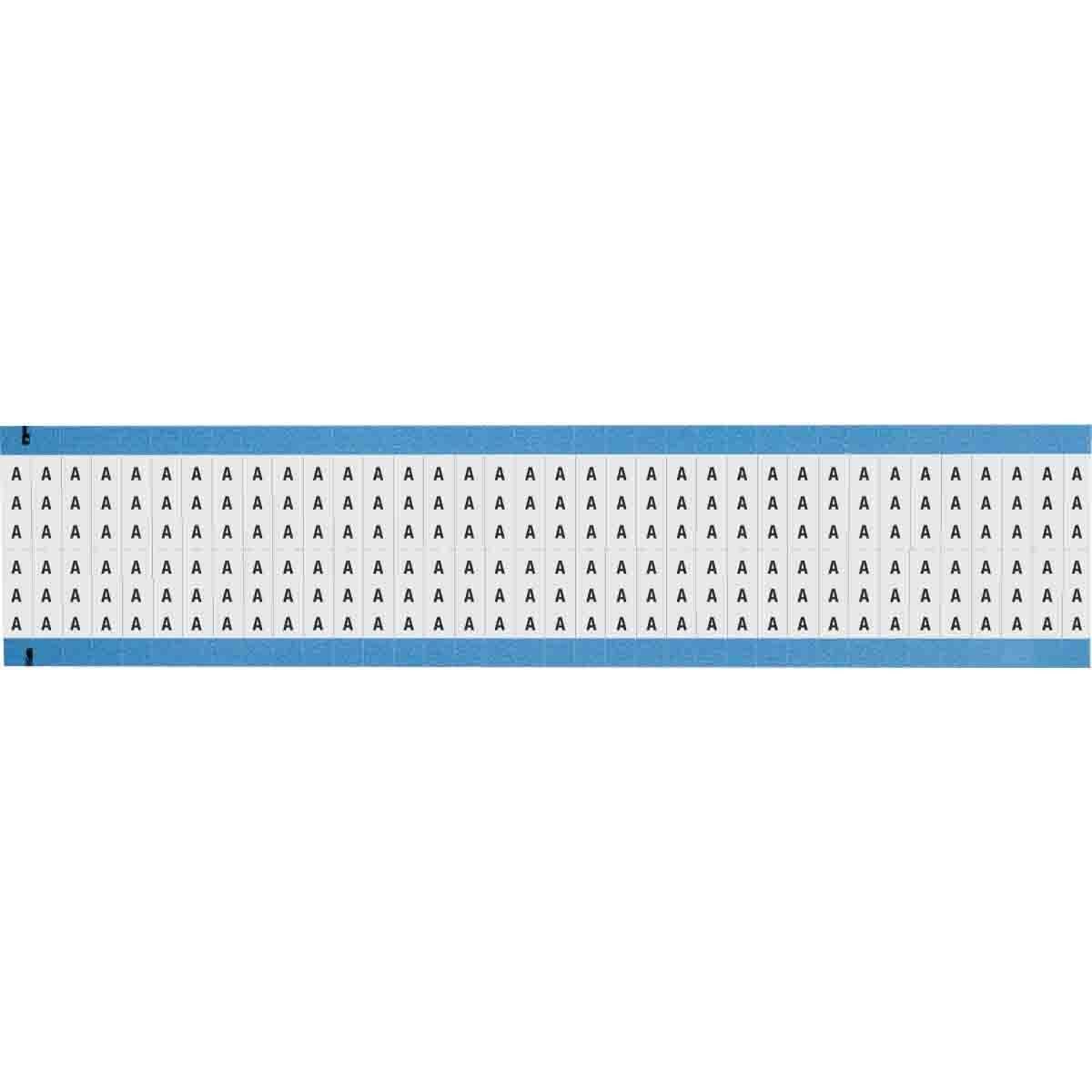 WM-A-SC-PK WM Series Alphabetical Die-Cut Pre-Printed Solid Scored Upper Case Wire Marker Card, 3/4 in L, Black on White, B-500 Repositionable Vinyl Coated Fabric, 72 Markers per Card