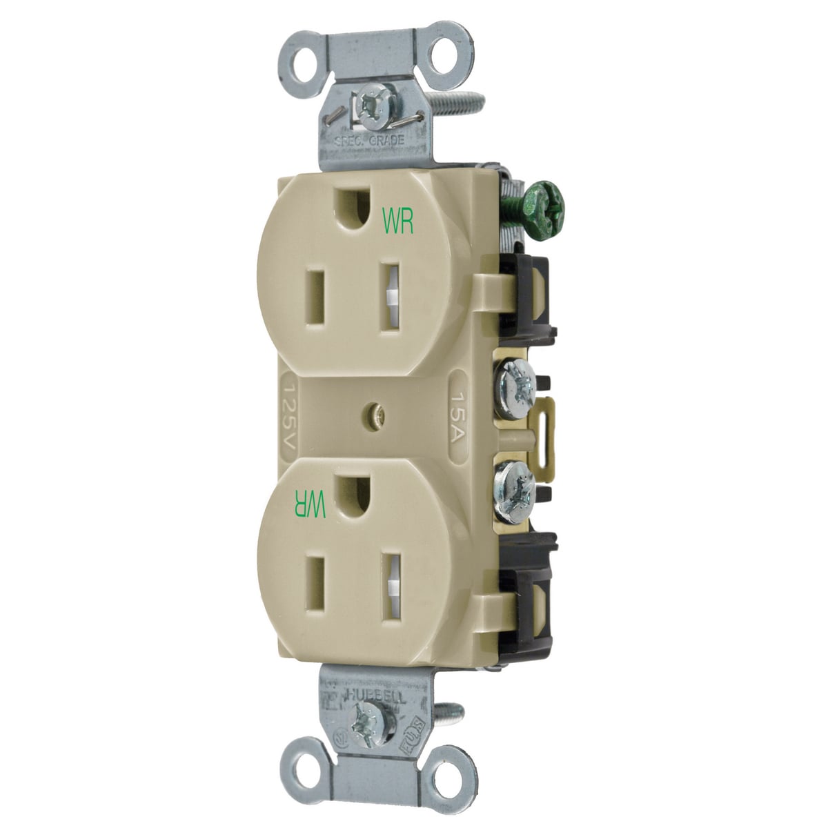 BR15IWRTR 1-Phase Duplex Self-Grounding Standard Tamper/Weather Resistant Traditional Screw Mount Straight Blade Receptacle, 125 VAC, 15 A, 2 Poles, 3 Wires, Ivory