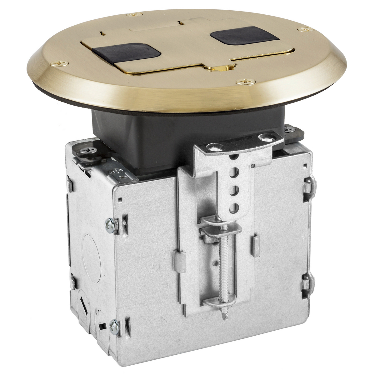 RF515BR Decorator Duplex Semi-Adjustable Standard Wood Floor Box Kit, Stamped Steel, 28 cu-in Capacity, 1 Gangs, 6 Knockouts